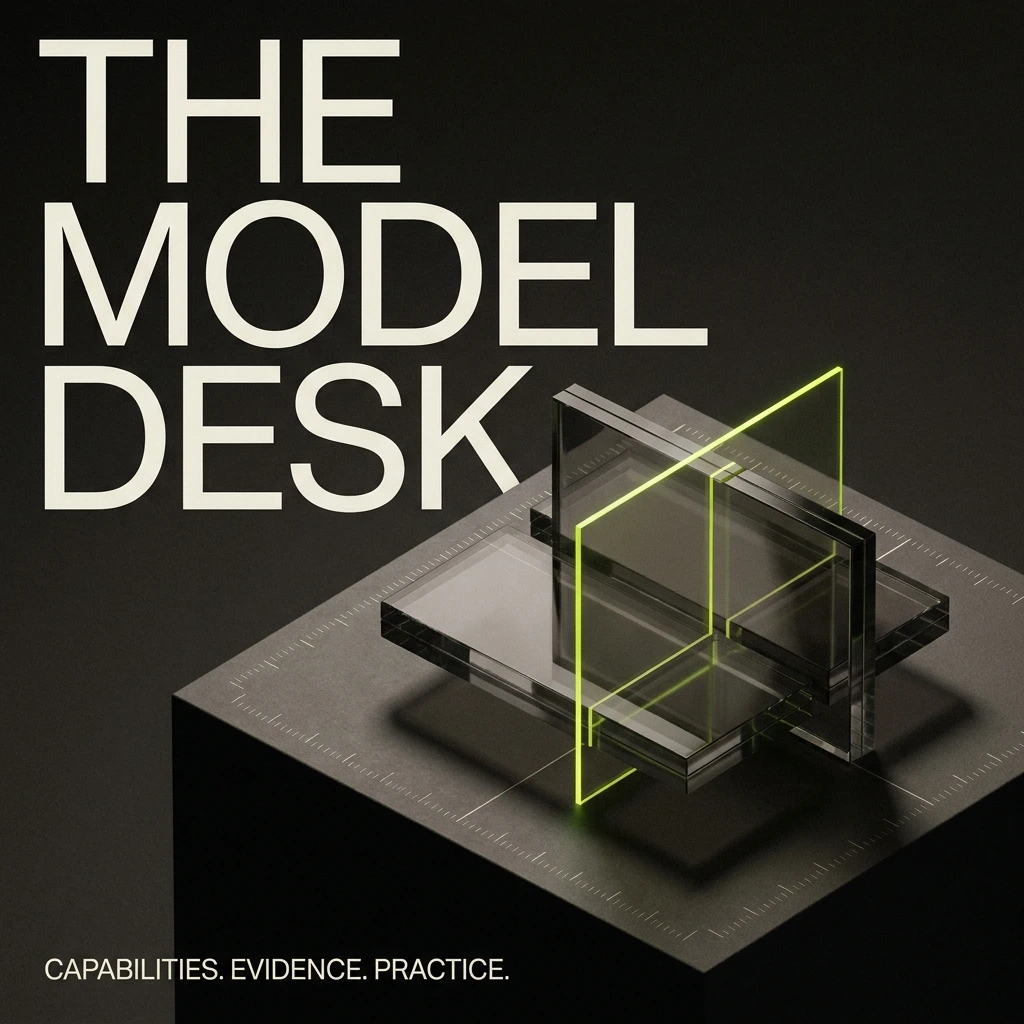 The Model Desk cover: charcoal glass layers on a measurement plinth, intersected by a bright chartreuse plane.